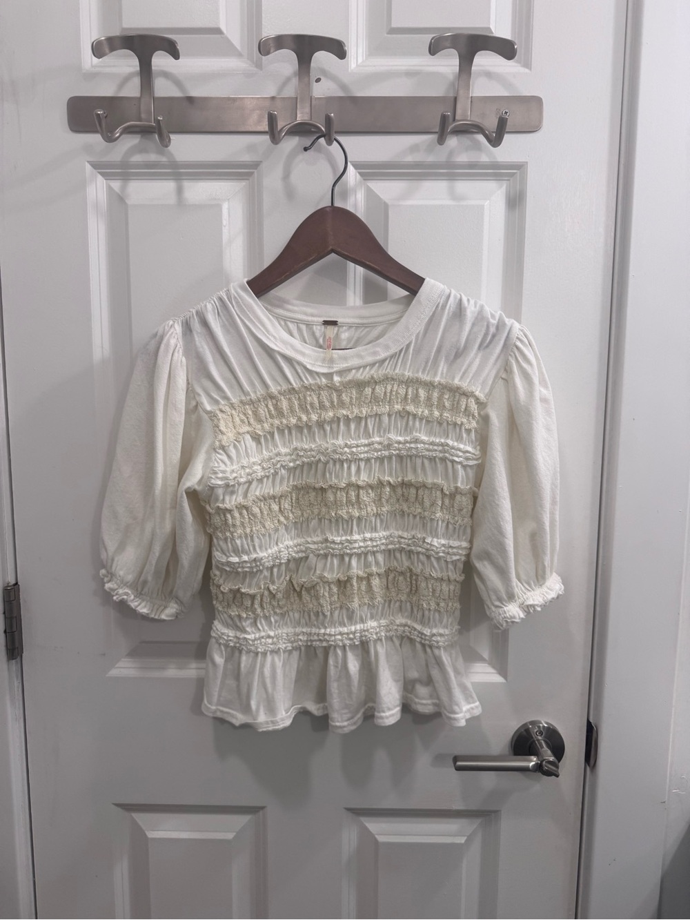 Women's Cream Ruffle Smocked Peplum Top